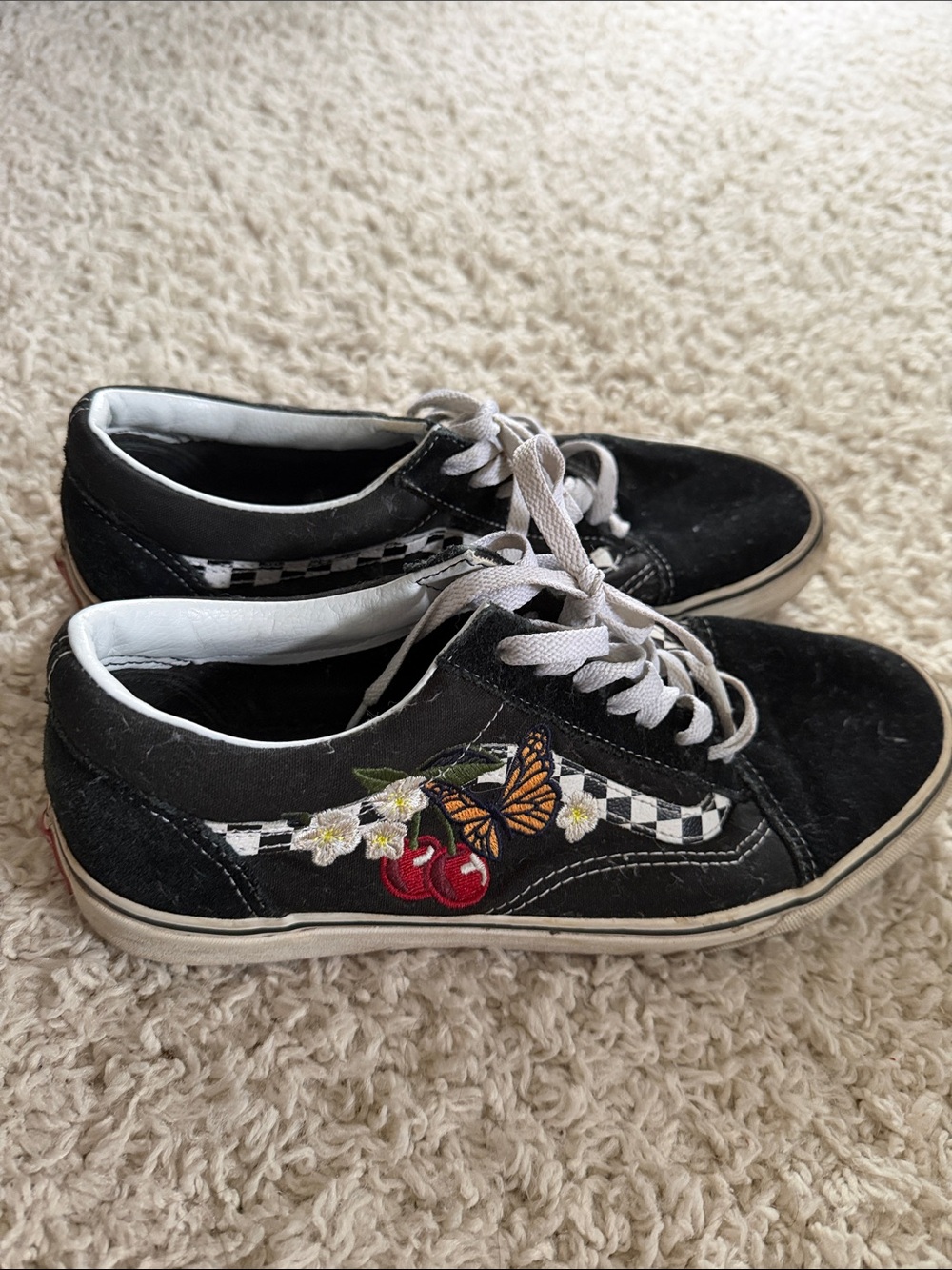 Vans Black Low-Top Sneakers with Cherry, Butterfly & Checker Detail